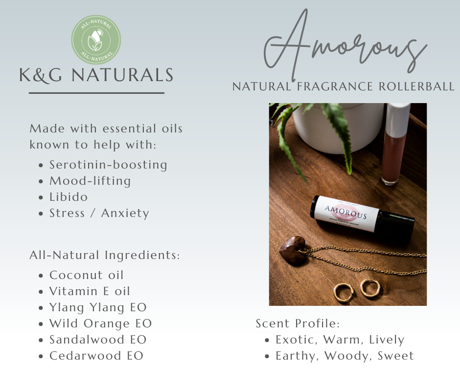 K&G Naturals Amorous natural fragrance rollerball with product details on a light gray background