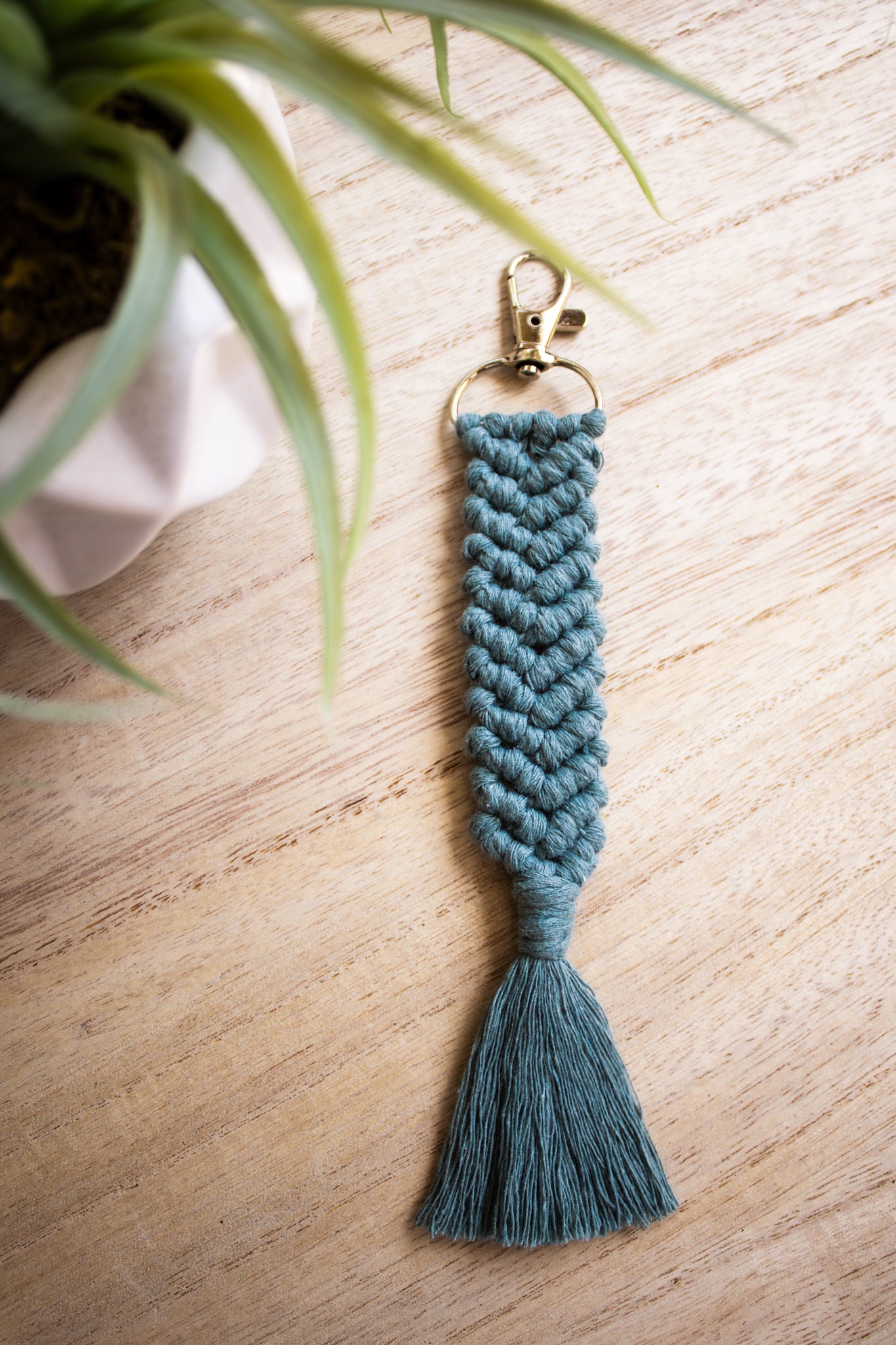 Blue braided keychain on a wooden surface with a plant in the background