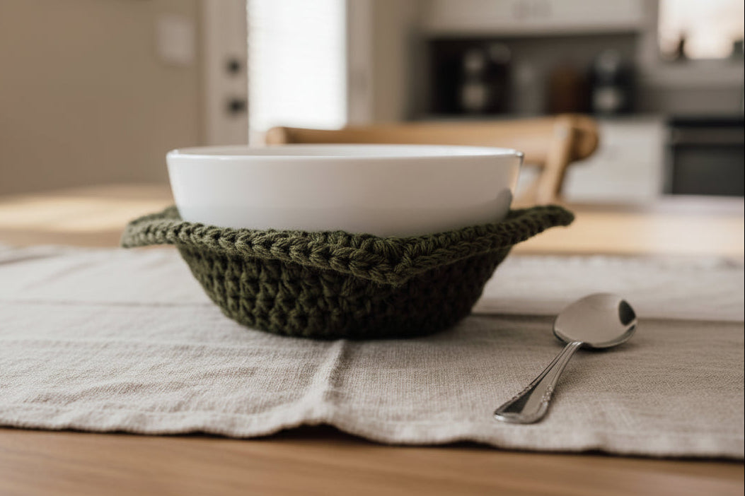 A crocheted olive bowl cozy with a white bowl in it on a placemat with a spoon next to it.