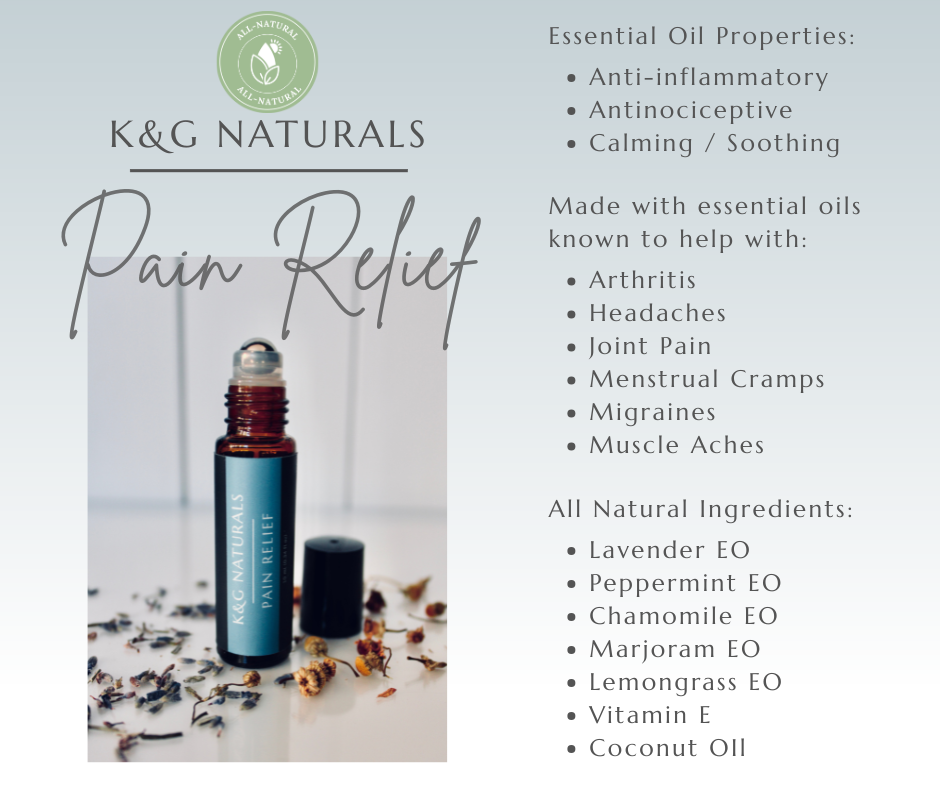 K&G Naturals Pain Relief essential oil bottle with properties and uses listed on a white background