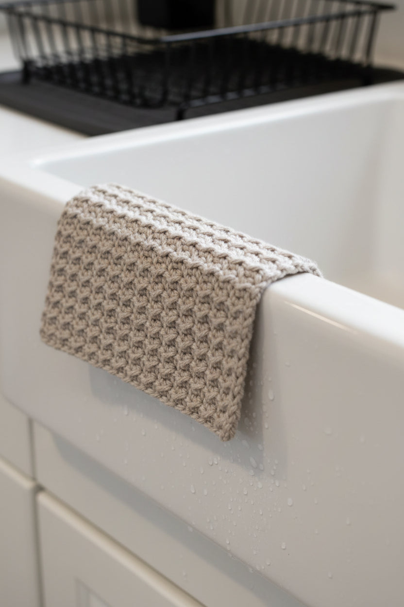 A parchment-colored crocheted dish cloth hanging over a white sink with a black mat and drying rack in the background