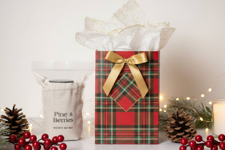 Scented sachet kit labeled 'Pine & Berries' with pine cones, berries, and a gift bag on a light surface