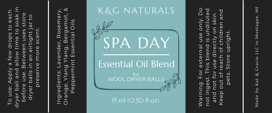 K&G Naturals Spa Day essential oil blend packaging with text on a teal background
