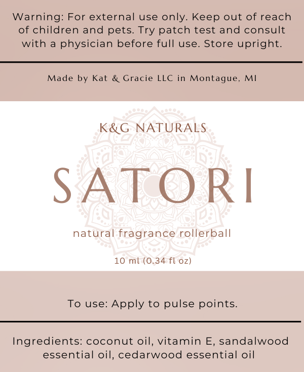 K&G Naturals Satori natural fragrance rollerball packaging with text and branding.