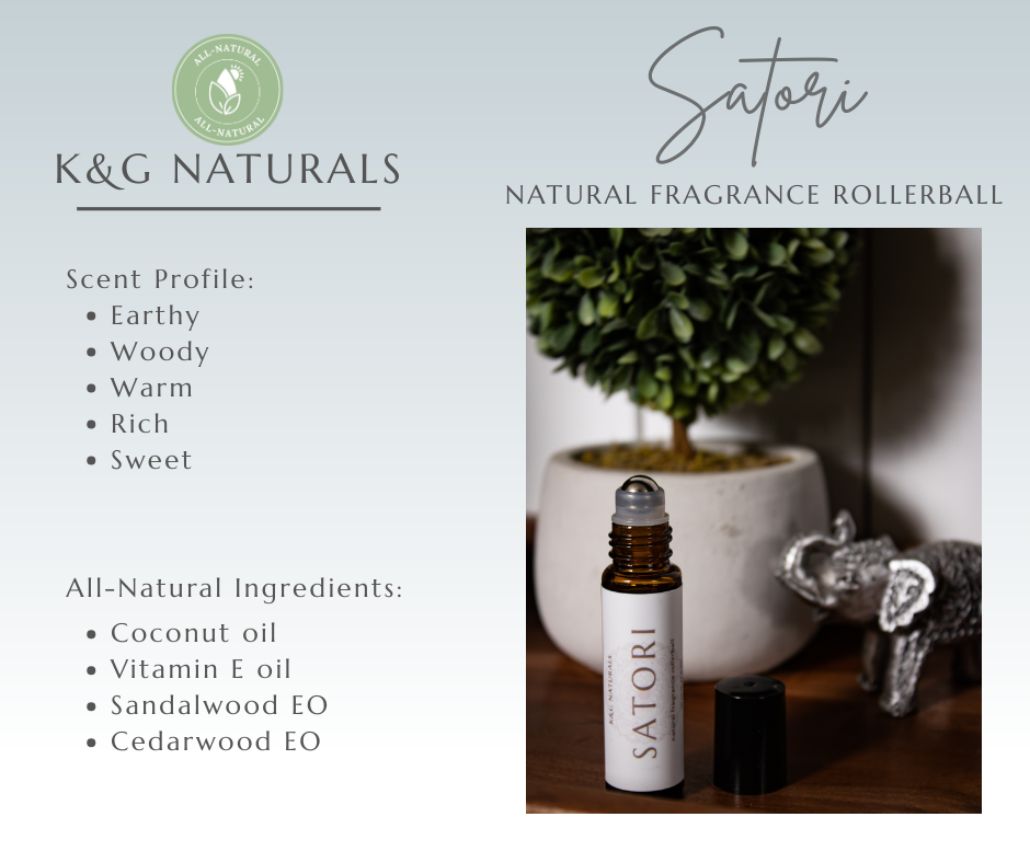 K&G Naturals Satori natural fragrance rollerball with product details on a light gray background