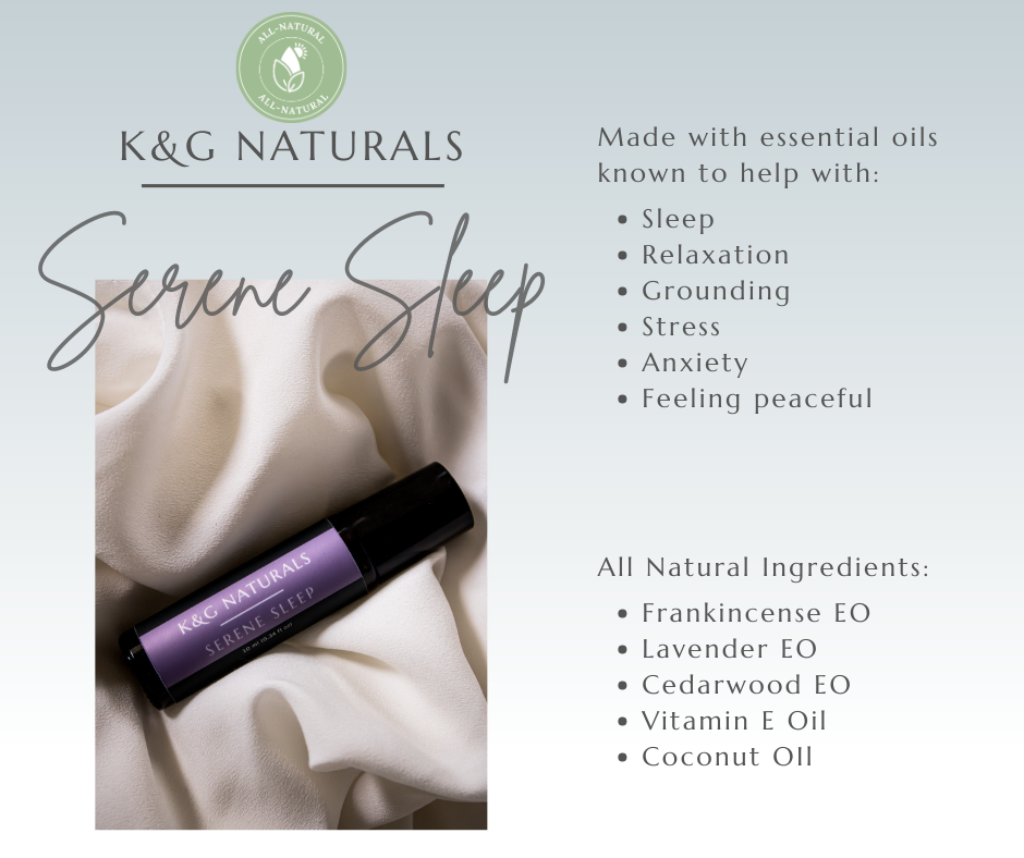 K&G Naturals Serene Sleep product with essential oil ingredients listed on a light gray background