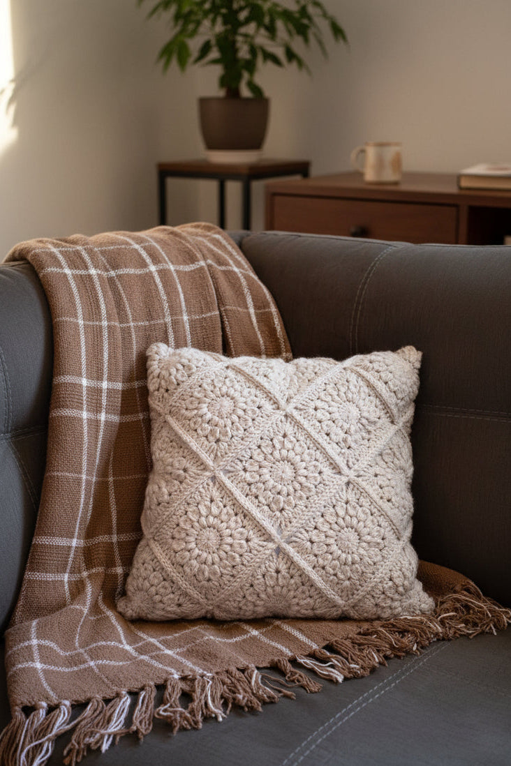 Crocheted sunburst granny square linen-colored pillow on a grey couch and neutral blanket.