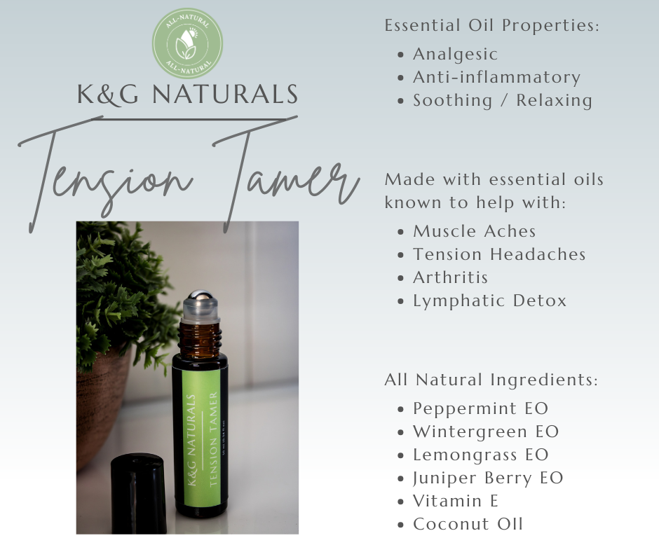 K&G Naturals Tension Tamer essential oil bottle with product description on a light background