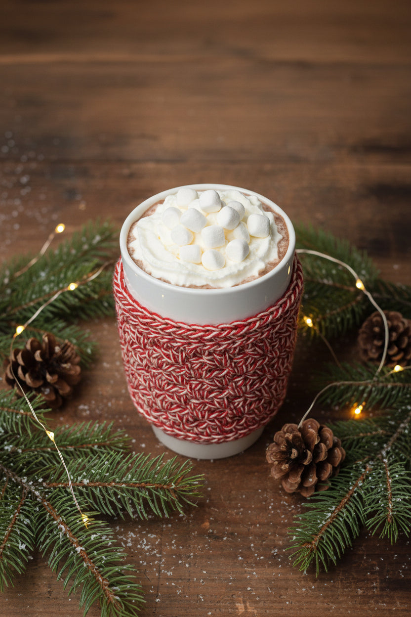 A red and white crocheted cup sleeve on a cup of hot cocoa with marshmallows on a wood table with pine sprigs, pine cones, and lights