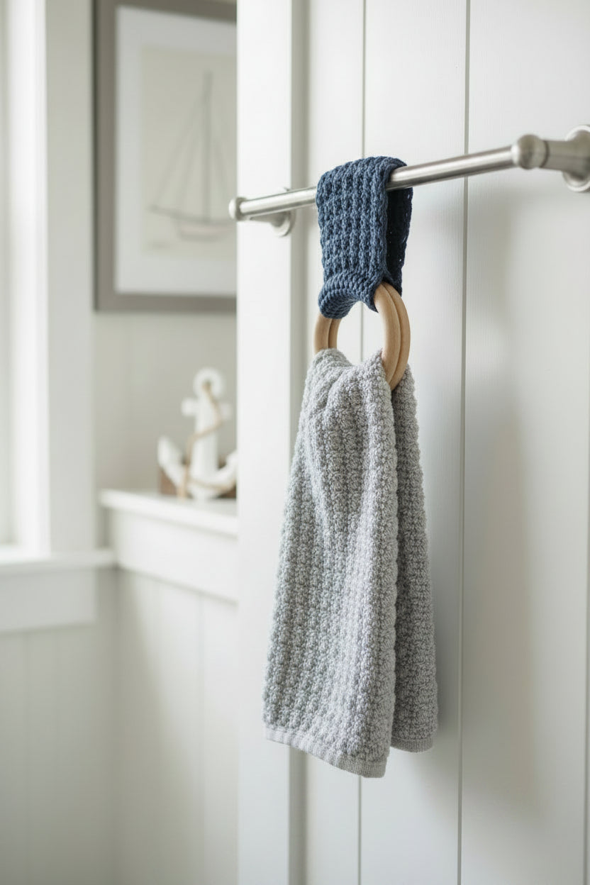 A gray textured towel and a dark blue crocheted wood ring towel holder hanging from a towel bar in a bright white bathroom setting