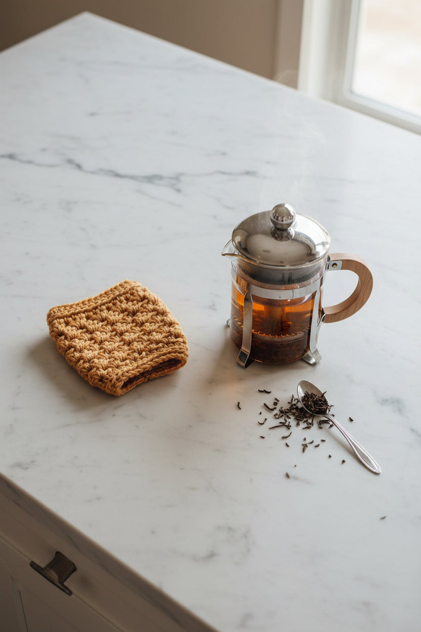 A mustard-colored crocheted cup sleeve next to a tea press, spoon, and tea on a marble surface