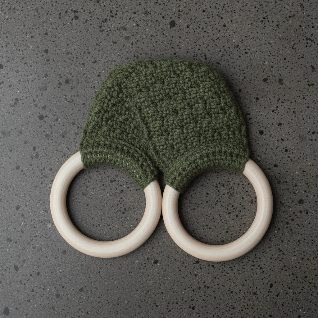 An olive-colored crocheted towel holder with two wood rings laying on a dark concrete countertop