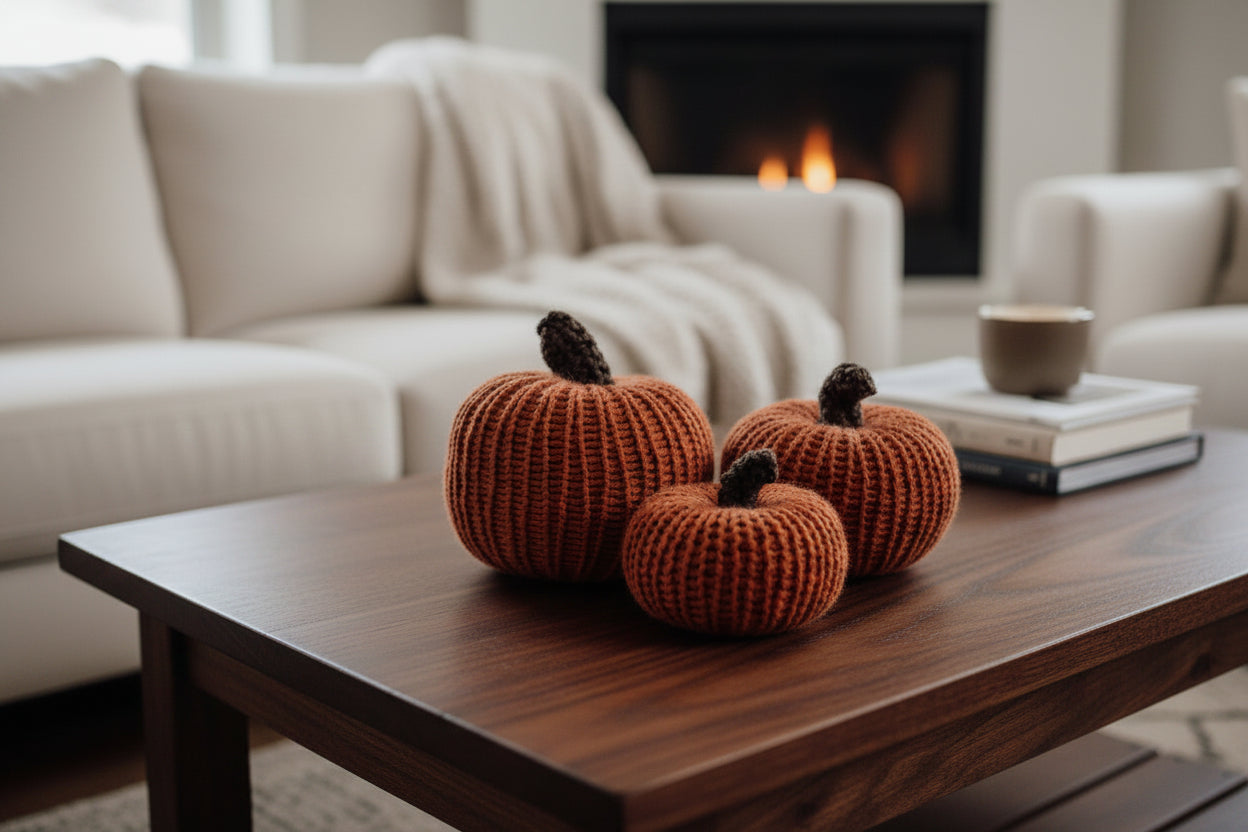 Three knitted orange-brown decorative pumpkins with dark stems sit on a wooden coffee table in a cozy living room with a sofa and fireplace in the background.