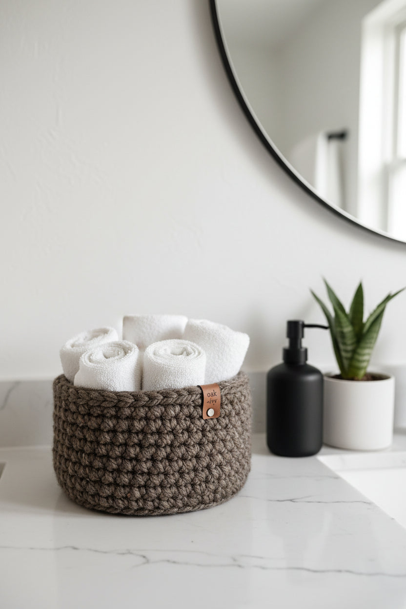A brown crocheted basket with a leather accent tag, containing rolled up towels on a bathroom countertop