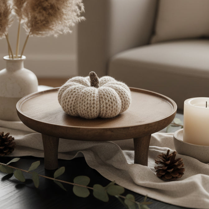 A small cream knit pumpkin decoration sits on a round wooden tray, styled in a cozy home setting with a candle, pinecones, eucalyptus leaves, and dried grass in a vase