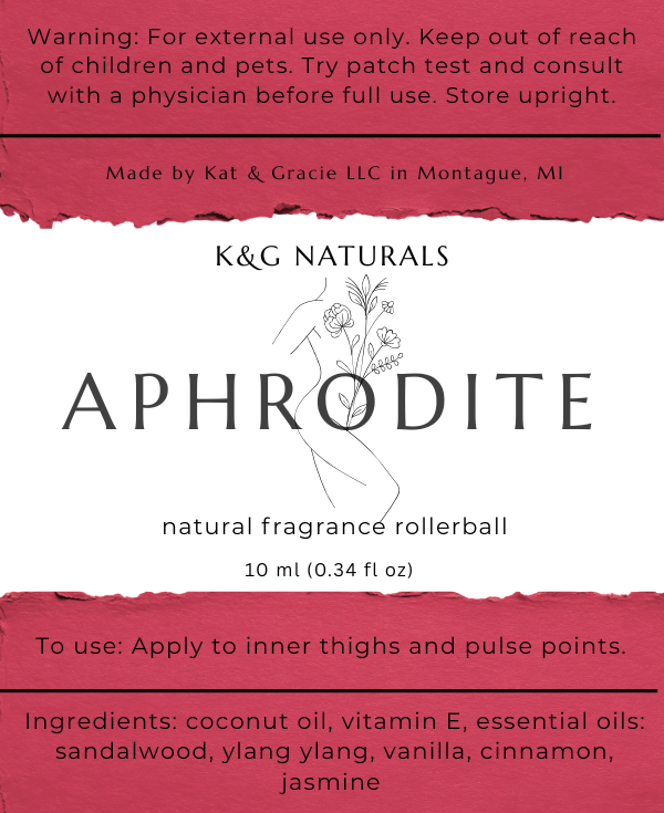 K&G Naturals Aphrodite natural fragrance rollerball packaging with text and branding.