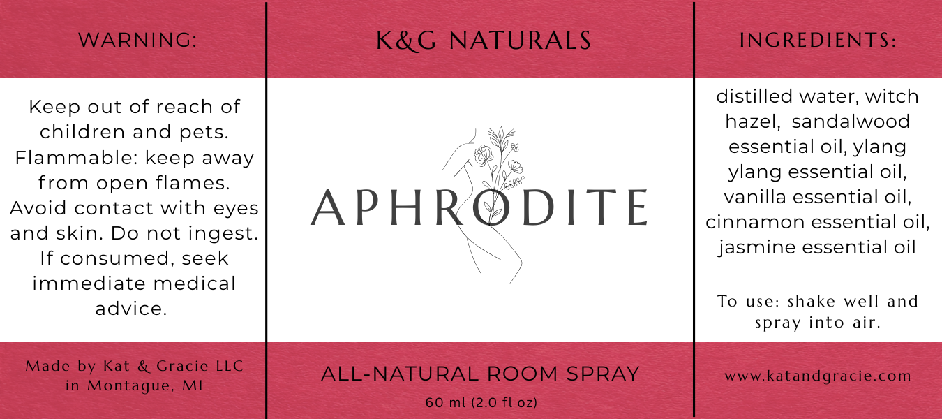 Label for K&G Naturals Aphrodite All-Natural Room Spray with warning, product name, ingredients, and usage instructions.