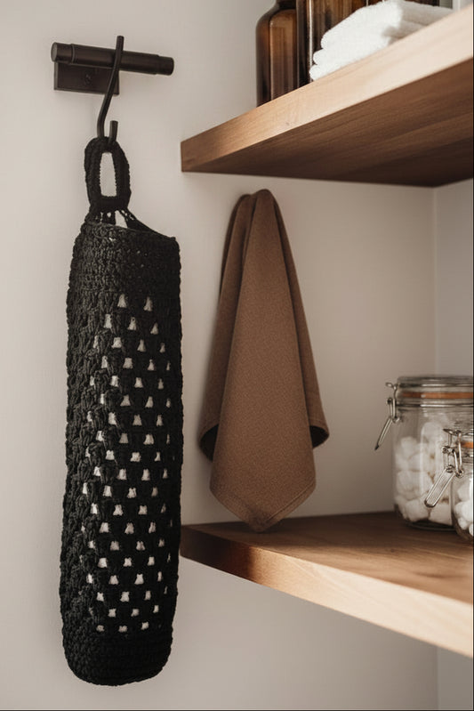 A black crocheted, plastic bag holder hanging in a cleaning closet with amber spray bottles and mason jars