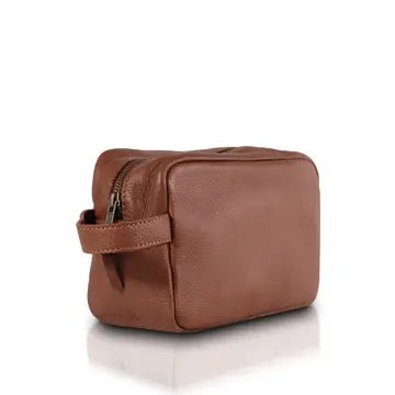 A brown textured leather zippered pouch with a matching leather handle, shown on a clean white background with a subtle reflection.