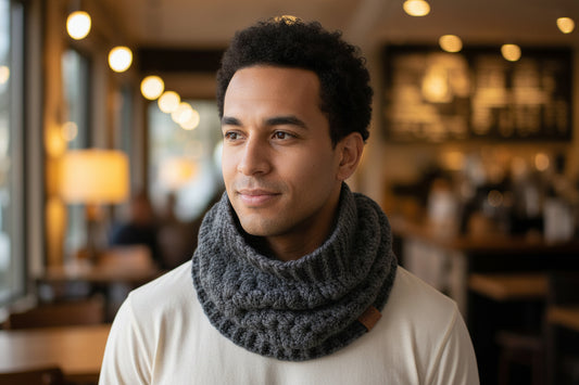 A dark grey crocheted cowl featuring a brown leather brand tag on a man in a warmly lit indoor setting.