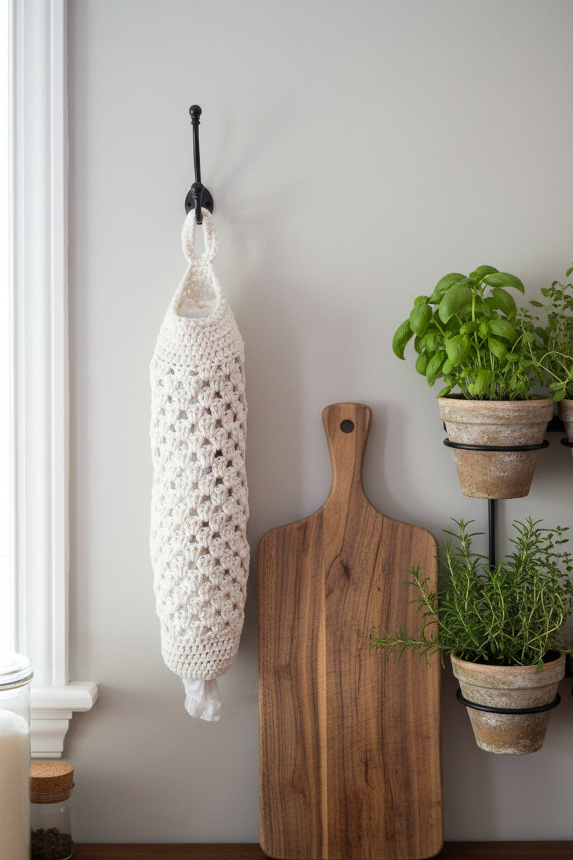 A cream-colored crocheted bag saver is hanging on a black hook next to a wooden cutting board and potted herbs.