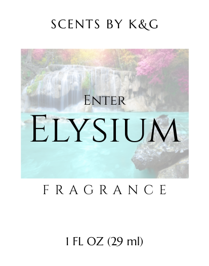 Fragrance product packaging with 'Elysium' text and scenic background