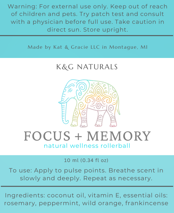 K&G Naturals Focus + Memory wellness rollerball packaging with elephant design on a white background.