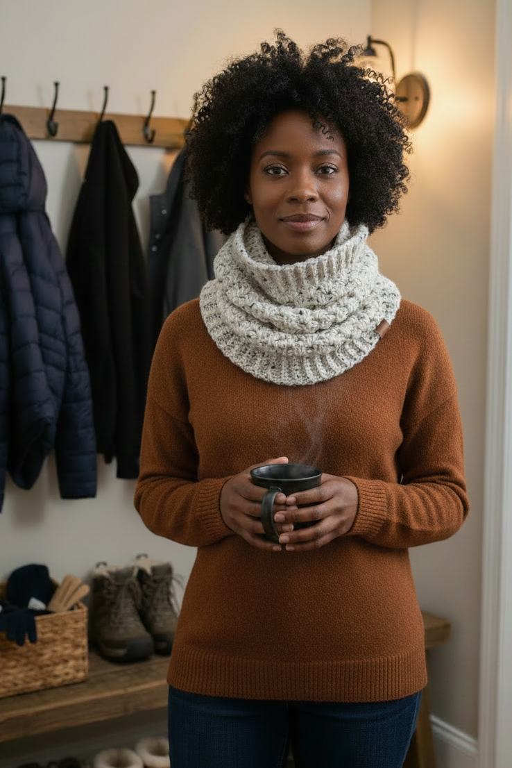 A woman with curly black hair stands indoors wearing a chunky cream cable-knit cowl neck warmer over a dark green sweater, holding a steaming mug. A coat rack with jackets, a bench with boots, and a wall sconce are visible in the background.