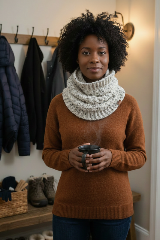 A woman with curly black hair stands indoors wearing a chunky cream cable-knit cowl neck warmer over a dark green sweater, holding a steaming mug. A coat rack with jackets, a bench with boots, and a wall sconce are visible in the background.