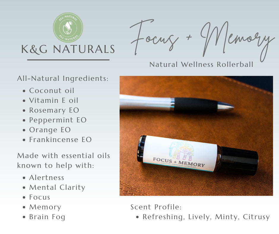K&G Naturals focus and memory wellness rollerball with product details on a brown background