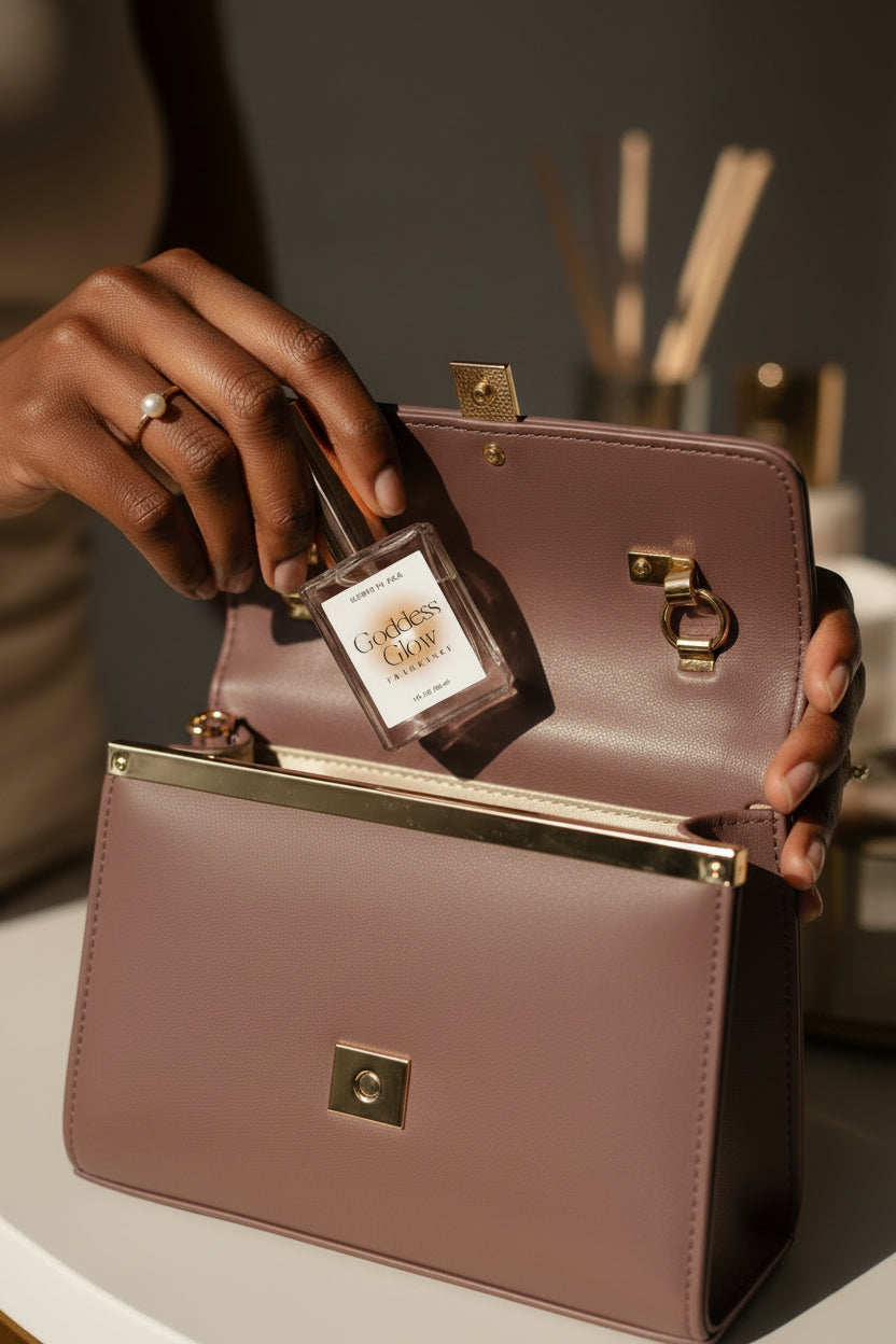 A 1 fl oz glass bottle of Goddess Glow Fragrance by Scents by K&G,being placed in a purse by a dark-skinned feminine hand