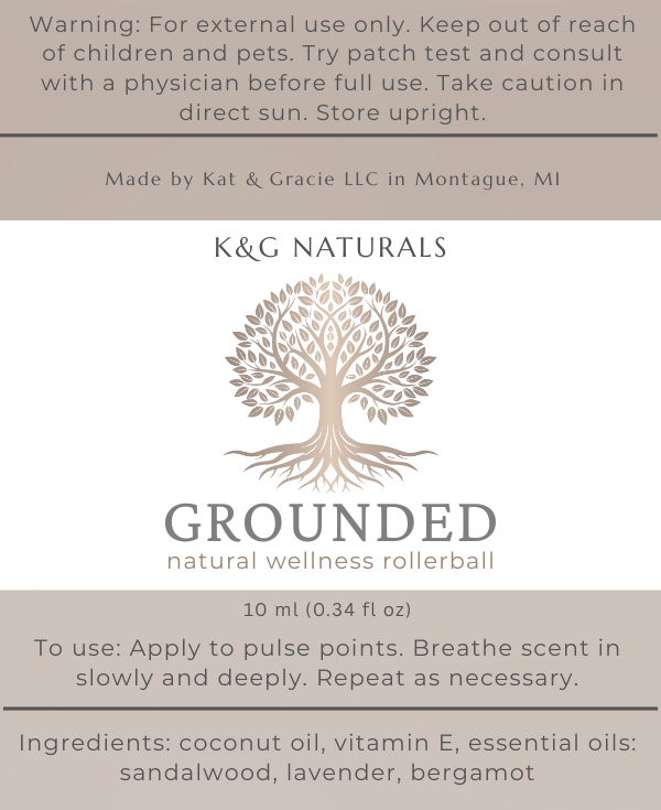 K&G Naturals Grounded natural wellness rollerball label with tree design.
