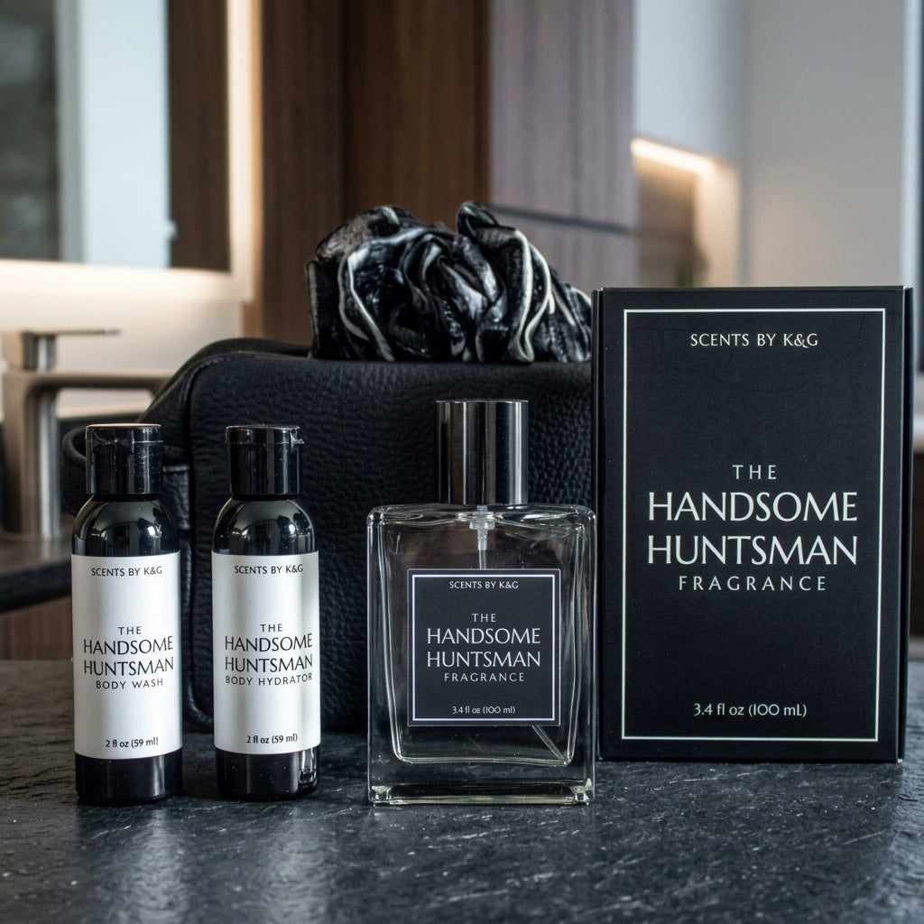 The Handsome Huntsman fragrance Dopp Kit by Scents by K&G, including a leather toiletry bag, 3.4 fl oz fragrance with box, body wash and body hydrator, and black loofah arranged on a dark countertop.