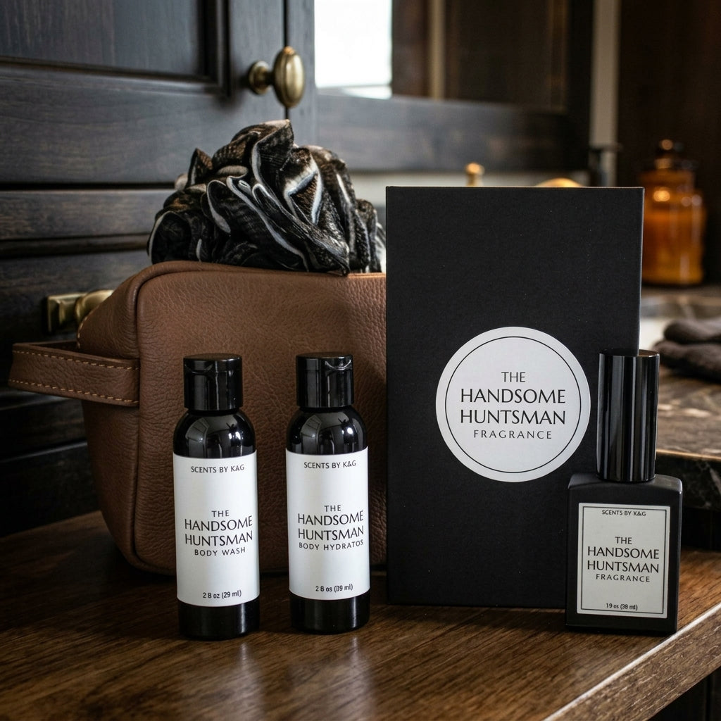 The Handsome Huntsman fragrance Dopp Kit by Scents by K&G, including a leather toiletry bag, 3.4 fl oz fragrance with box, body wash and body hydrator, and black loofah arranged on a dark countertop.