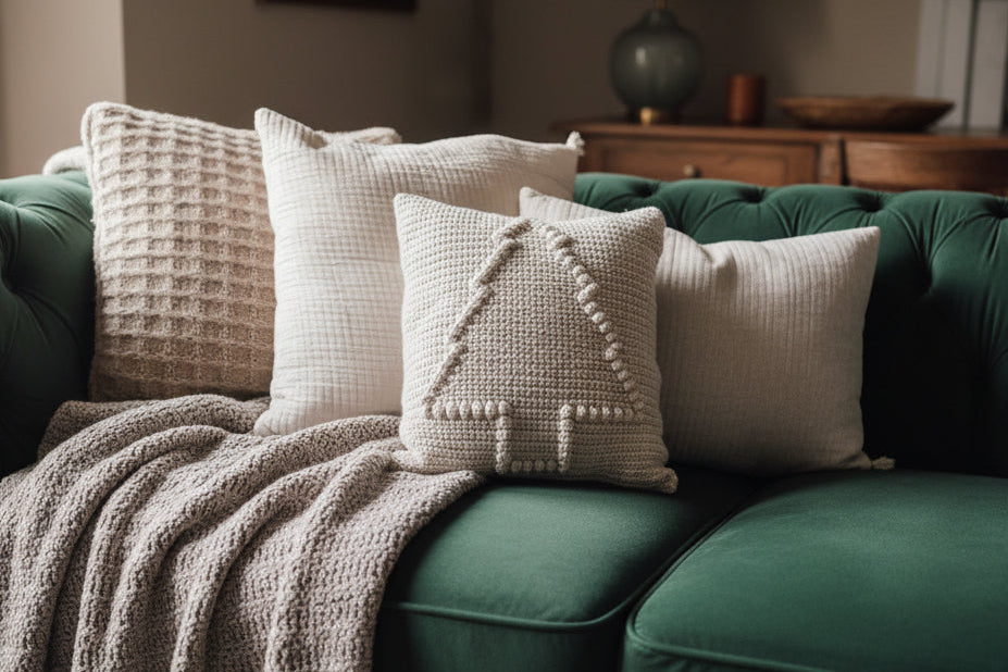 A green tufted sofa in a living room setting, styled with a cream textured bobble tree throw pillow and a beige knit blanket.