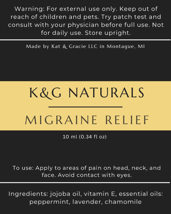 K&G Naturals Migraine Relief label on a black background