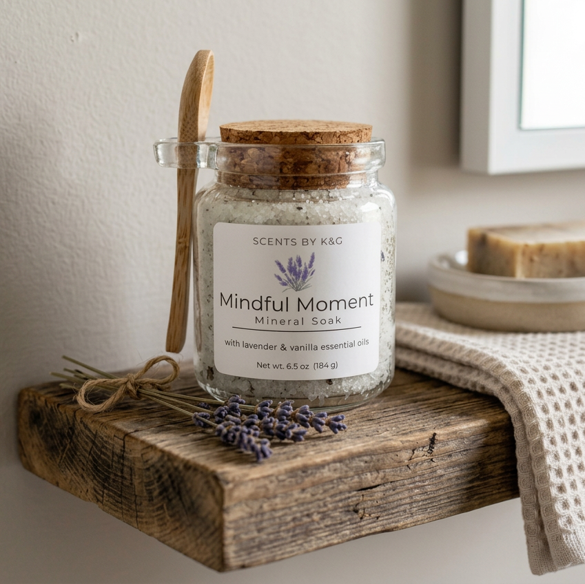 A jar of Scents by K&G 'Mindful Moment' mineral soak sits on a rustic wooden floating shelf. The clear glass jar is sealed with a cork lid, with a wooden spoon resting in a holder on the side of the jar.