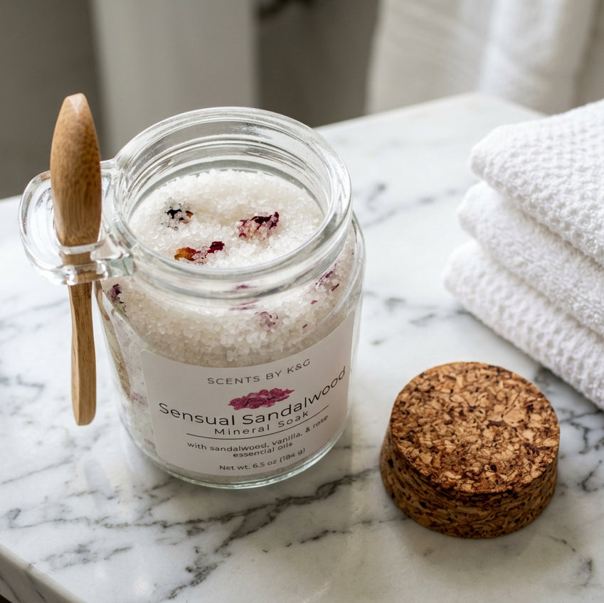 A glass jar of minerals and rose petals with an attached wooden spoon and a cork top sit next to a stack of towels on a marble bathroom countertop.