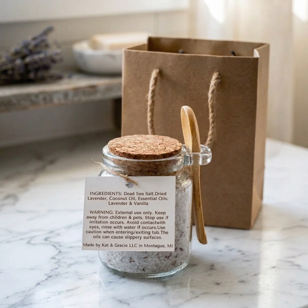 A clear glass jar filled with Dead Sea Salt, and other ingredients is sealed with a cork lid and has an attached wooden spoon. The jar is labeled with product details and sits on a marble countertop next to a brown paper gift bag.