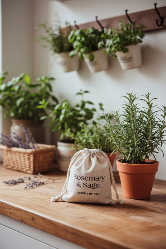 Sachet labeled 'Rosemary & Sage' with dried herbs and potted herbs on a wooden surface