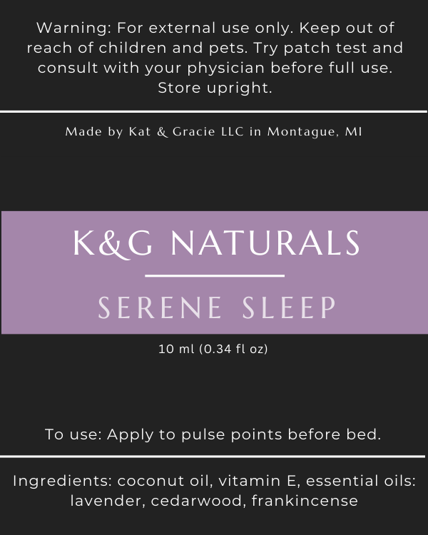 K&G Naturals Serene Sleep product label on a black background