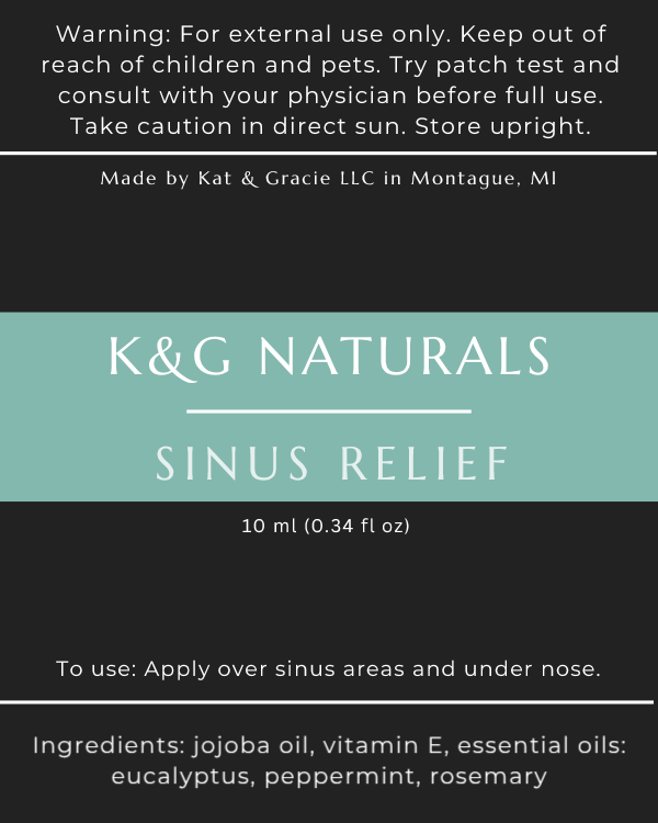 K&C Naturals Sinus Relief product packaging with text on a black background