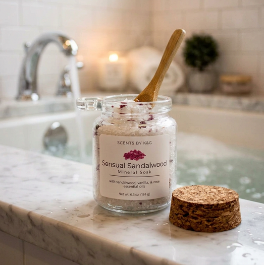 A glass jar of Sensual Sandalwood Mineral Soak with a wooden spoon and cork top on a marble surface with a running bathtub in the background.