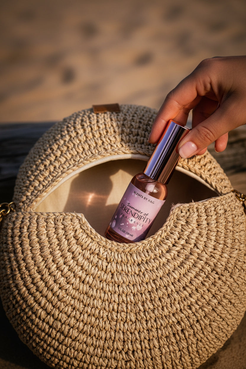 A bottle of Scents by K&G 'Summer of Serendipity' fragrance, featuring a metallic rose gold cap and a pink label, being placed in a neutral purse on the beach.