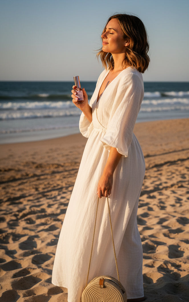 A woman in a white dress is holding a bottle of 'SUMMER OF SERENDIPITY' fragrance on a beach.