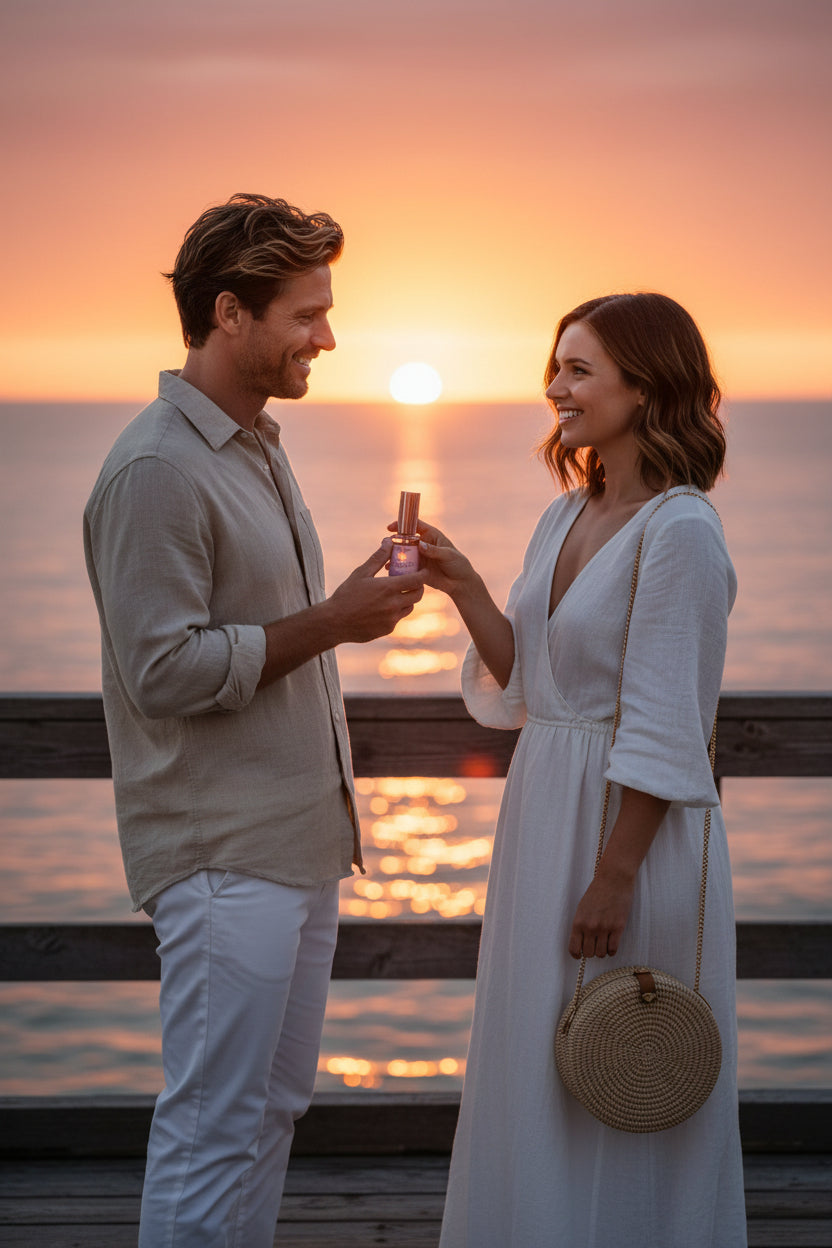 A man hands a woman a bottle of 'Summer of Serendipity' on a pier at sunset.