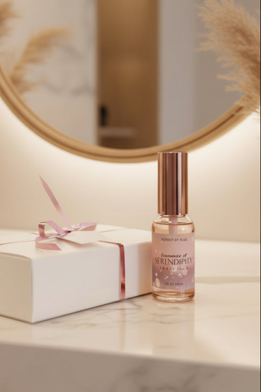 Perfume bottle labeled 'Summer of Serendipity' next to a white gift box with a pink ribbon on a light background