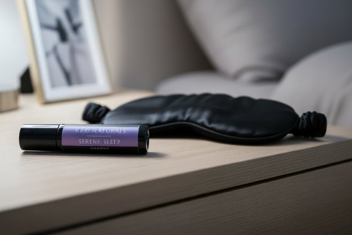 A K&G Naturals Serene Sleep rollerball bottle with a black cap and a lavender purple label, resting on a nightstand by a sleep mask