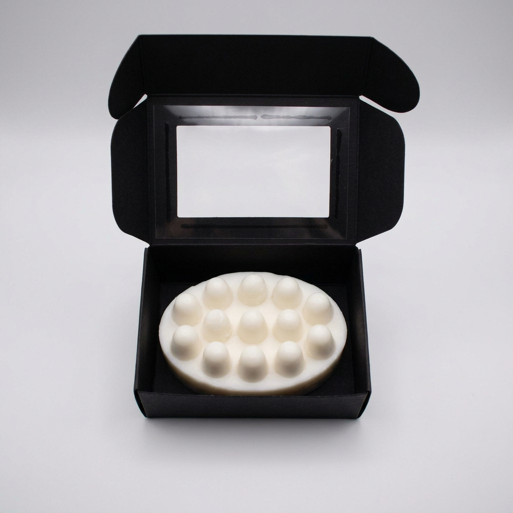An oval white shampoo bar with multiple raised massagers, displayed inside an open black presentation box with a clear window on a light gray background.