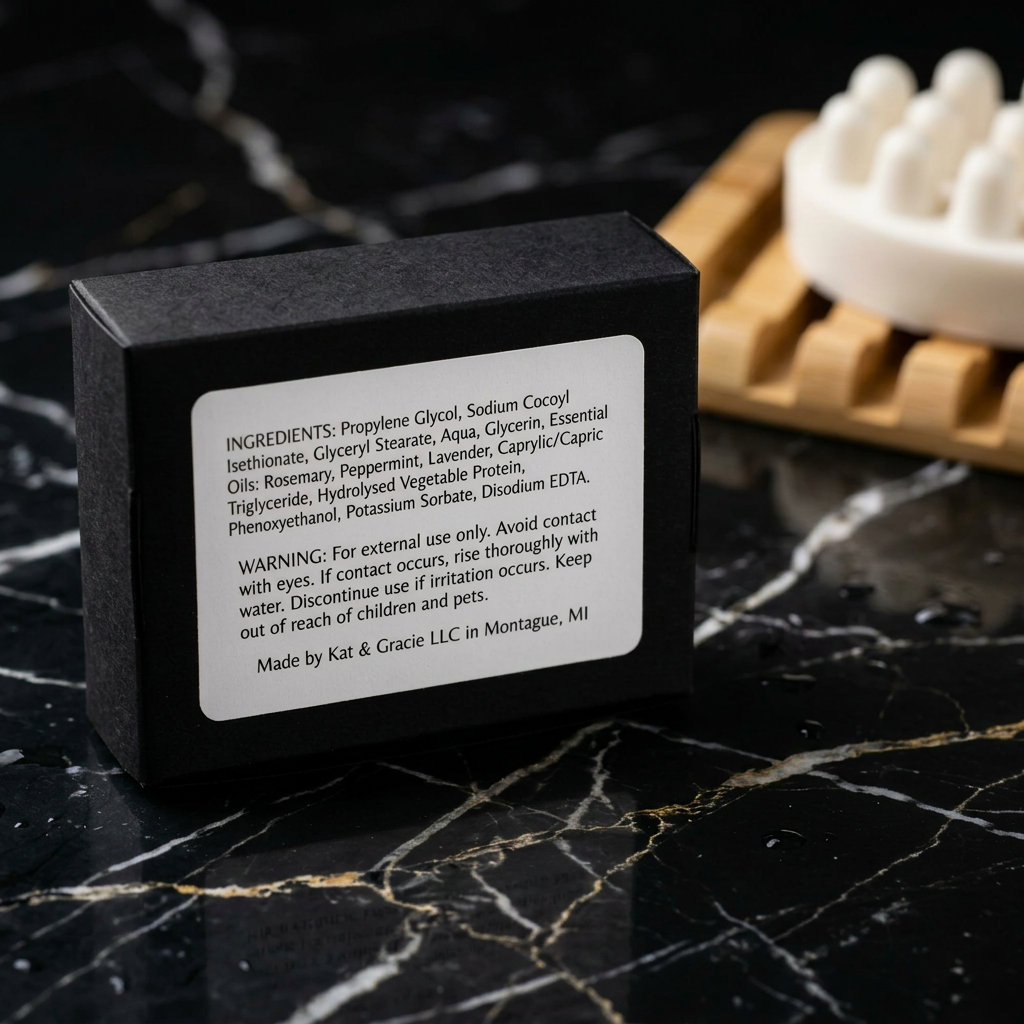 A black rectangular product box with a white ingredient label sits on a black marble surface. In the blurred background, a shampoo bar with massager nodules rests on a wooden soap dish.